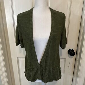 Anthropologie MOTH NWT Cardigan Short Sleeve Sweater Green Metallic Ruffle Hem L